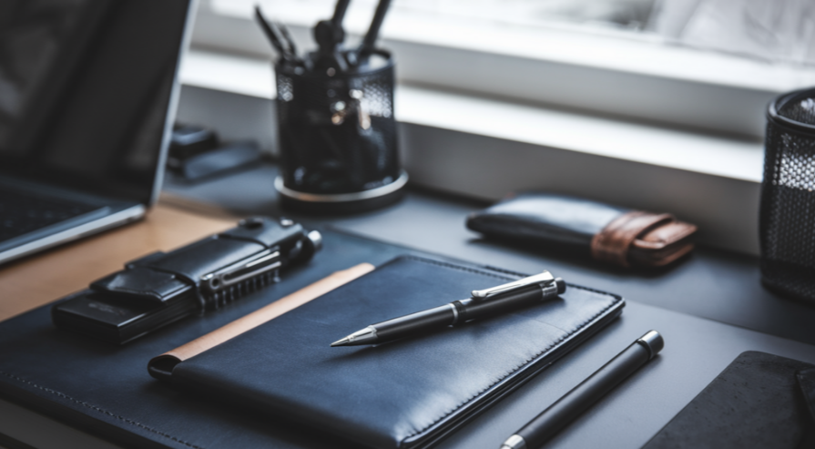 The image showcases a stylish and minimalist workspace with a high-quality mechanical pencil, leather wallet, multitool, and commuter bag arranged on a sleek desk, set against an urban American backdrop, exuding sophistication and practicality through a modern, masculine color palette of deep blues, grays, and metallic accents, all illuminated to evoke creativity and productivity